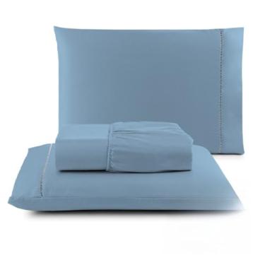 Imagem de Kit Lençol Casal Queen 3 Peças Micropercal 400 Fios – Extra Macio, Toque Acetinado, Elástico Total e Fronhas Ponto Palito(AZUL BEBÊ,KING)