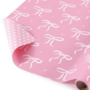 Imagem de WERNNSAI Papel de embrulho de laço rosa - 1 rolo de papel de embrulho de arco de princesa de 43 cm x 5 metros para meninas, tema de coquette, festa de aniversário, embalagem de presente, casamento