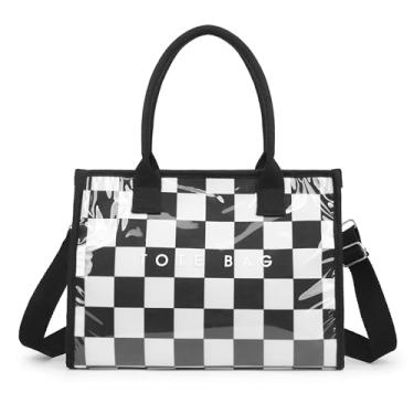 Imagem de GISMTR Sacola feminina de PVC com estampa de letras grandes Hobo, bolsa de ombro de papel kraft com alça para trabalho e viagens, Xadrez preto e branco