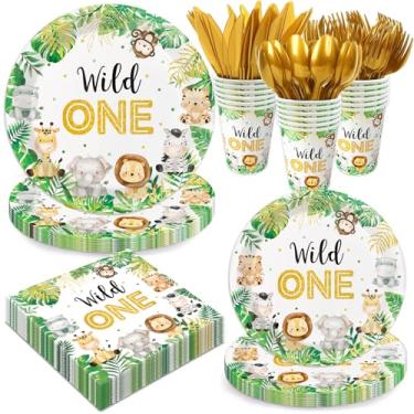 Imagem de Jungle Safari Baby Shower Decorations Tableware Set Serves 24, Animals Paper Plates, Napkins, Cups, Cutlery for Baby Boy Wild One Birthday Baby Shower Party Supplies