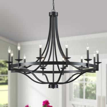 Imagem de WUZUPS Candelabro de vela de metal com 12 luzes de roda de vagão pingente redondo iluminação de teto rústica casa de fazenda cozinha ilha sala de jantar, H 100 cm L10, base E12, preto