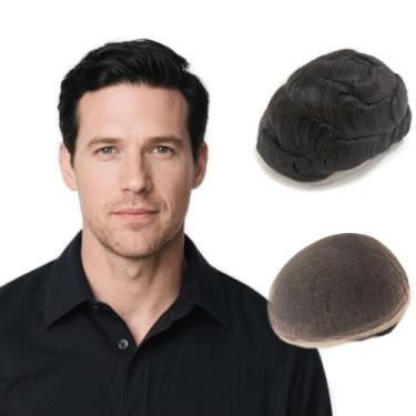 Imagem de Hywel Toupee para homens com 100% cabelo humano peruca francesa cheia peruca masculina base tamanho 17 x 23 polegadas, sistema de substituição de peças de cabelo ondulado natural #1B preto natural
