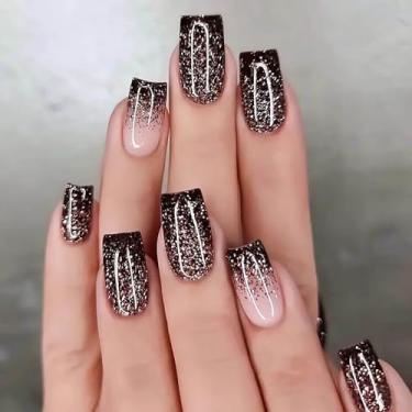 Imagem de RUOKEXIN Unhas postiças quadradas de pressão média, pretas, ombré, pretas, com desenhos de glitter, unhas artificiais brilhantes, cobertura total, cola nas unhas, 24 peças