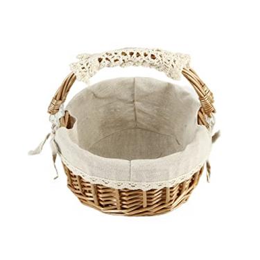 Imagem de Cesta de vime com alças, cesta de armazenamento de salgueiro tecido para piquenique, decoração, presente, casamento (renda bege)