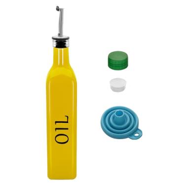 Imagem de 1 garrafa dispensadora de azeitona de 500 ml, conjunto dispensador de óleo de vidro e vinagre de 500 ml com 1 dosador de aço inoxidável, frascos de funil para cozinha (óleo amarelo)