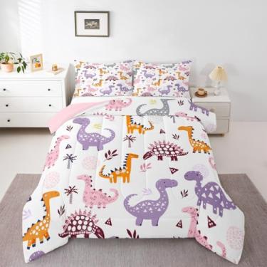 Imagem de Feelyou Conjunto de cama de dinossauro, macio, para meninos e meninas, palmeiras, tamanho solteiro, colorido, dinossauro, edredom de microfibra, animal fofo, decoração de quarto, 2 peças com 1 fronha