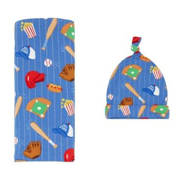 Imagem de Little Sleepies Conjunto de cueiro e chapéu, cueiros para bebês recém-nascidos, viscose macia de bambu envoltório cobertor (azul todas as estrelas)