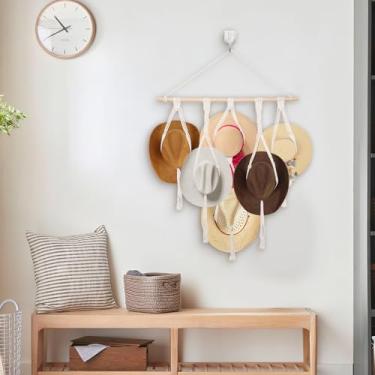 Imagem de 2 cabides de chapéu de macramê, suporte de chapéu para organizador de chapéu de caubói de parede, decoração de exibição doméstica para chapéu de praia de caubói de palha de aba larga
