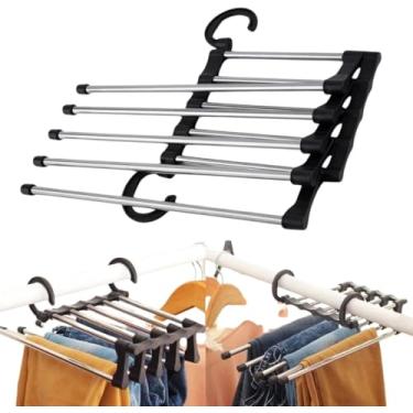 Imagem de Cabide Multiuso 5 Divisórias Retrátil em Aço Inox – Organizador de Guarda-Roupas, Cabide Multifuncional para Calças, Camisas, Gravatas e Toalhas, Economia de Espaço