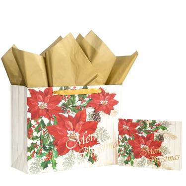 Imagem de LeZakaa Bolsa de presente de Natal de 33 cm para meninas, mulheres, design floral de folha dourada de poinsétia e pinha, papel de seda dourado, cartão de felicitações e etiqueta, para festas de Natal
