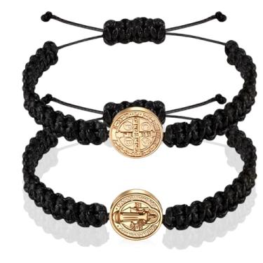 Imagem de Fumete 2 pulseiras católicas presentes de medalha de São Bento pulseiras de cordão ajustáveis presentes religiosos para homens mulheres aniversário feriado, about 14 mm/ 0.55 inches, corda e liga de