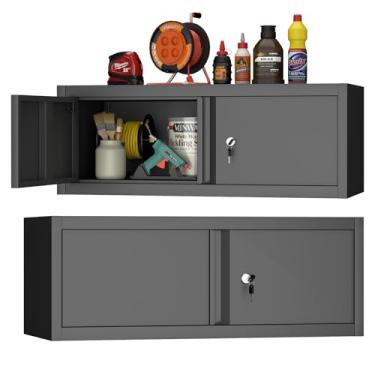 Imagem de GREATMEET Armário de parede de metal, armário de armazenamento de garagem, armário de armazenamento montado na parede com portas e prateleiras para garagem, pendurado flutuante (preto, 33 cm A)