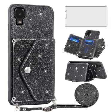 Imagem de Asuwish Capa de telefone para Alcatel TCL A3 A509DL / A30 Capa carteira com protetor de tela de vidro temperado e alça transversal com glitter brilhante para cartão TCLA3 TLC A 3 3A 509DL 30A 5102