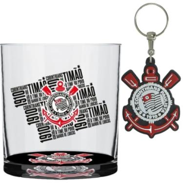 Imagem de Kit Copo Vidro Rocks Personalizado Time Libertadores Bebida Whisky Caipirinha 305ML + Chaveiro Emborrachado (Preto Corinthians FC, Corinthians Timão Futebol Clube)