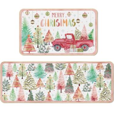 Imagem de Maasechs Merry Christmas Conjunto de 2 tapetes e tapetes de cozinha boho floresta, árvores de Natal, tapetes de cozinha de inverno para decoração de casa de fazenda, 43 x 73 cm e 43 x 119 cm