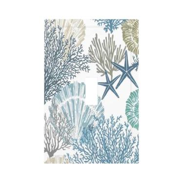 Imagem de LWDZLHD Capa decorativa para interruptor de luz coral estrela do mar azul azul-petróleo náutico praia litoral 1 gangue placa de parede única placa elétrica para cozinha, banheiro, quarto, 12,7 x 7,6