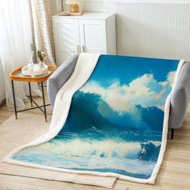 Imagem de Feelyou Cobertor para crianças, adultos, mulheres, homens, ondas, oceano, sherpa, cobertor para sofá, havaiano, ondas tropicais, surfe, cobertor de lã azul mar, verão, cobertor felpudo macio para