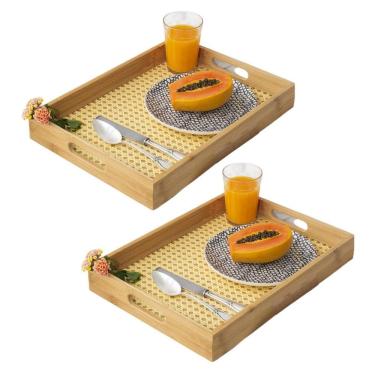 Imagem de Kit 2 Bandejas De Bambu Com Palha Indiana Servir Café Manhã