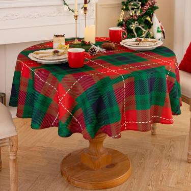 Imagem de Romanstile Toalha de mesa redonda xadrez verde de Natal - 152 cm - capa de mesa quadriculada resistente a manchas de água, toalha de mesa de poliéster lavável para jantar de Natal, decoração de festa