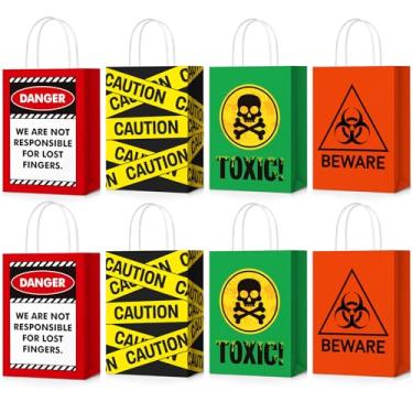 Imagem de TaoBary 24 unidades de sacos de presente assustadores de perigo biológico para o Dia das Bruxas com alças Cuidado com o perigo tema zumbi lembrancinhas de festa de terror para doces lanches e artigos