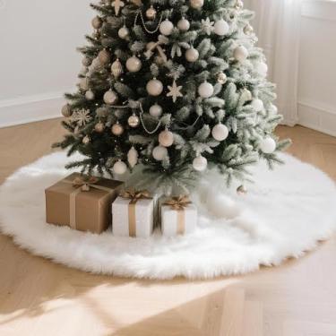 Imagem de Saia de Natal Branca Pelúcia - 90cm Diâmetro - Textura Macia e Fofa - Decoração Elegante para Árvore de Natal