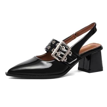 Imagem de NEWBELLA Sapato social feminino com bico fino e salto baixo com fivela de metal no peito do pé para casamento, formatura, trabalho, Preto, 40