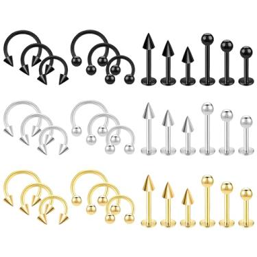 Imagem de NEWITIN 36 peças de anéis labiais de aço cirúrgico de 16 g, joias de mordida de cobra, joia labret monroe, anel de ferradura, anel de septo de nariz, joia de piercing de hélice trágus, para mulheres e