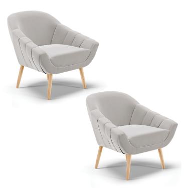 Imagem de Kit 02 Poltronas Giovana Veludo Cinza Pés Palito Natural - D'Rossi