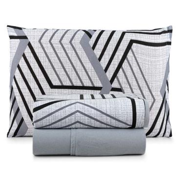 Imagem de Jogo de Lençol Luar Solteiro 3 Peças Malha 100% Algodão Estampado - Cinza Geométrico