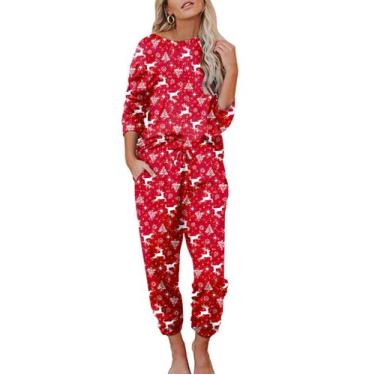 Imagem de Conjunto de pijamas femininos Ekouaer, manga comprida, joggers, vermel