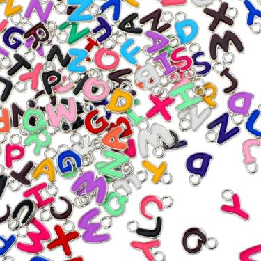 Imagem de 200 peças de pingentes de alfabeto de metal colorido A-Z pingentes para fabricação de joias pingentes esmaltados banhados a ouro sortidos para fazer joias faça você mesmo, pingentes de letra inicial