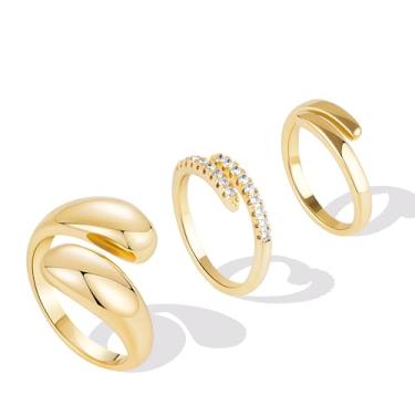 Imagem de Poxtex 3 anéis de ouro para mulheres, conjunto de alianças de eternidade de zircônia cúbica grossa torcida aberta, anéis ajustáveis empilháveis, joias presentes, US SIZE 7, Latão, Zircônia cúbica