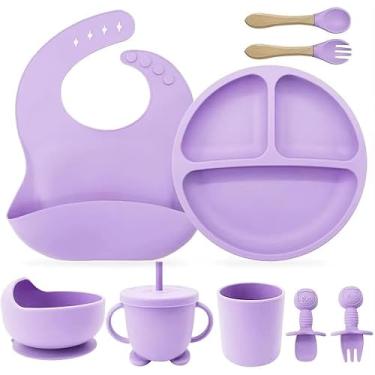 Imagem de Kit Introdução Alimentar para Bebê, 8 Peças, Multicolorido, Silicone Antitóxico Premium, Prato e Bowl com Babador, Copo com Tampa e Canudo, 4 Talheres com Cabo de Madeira, Redondo, Uso Manual