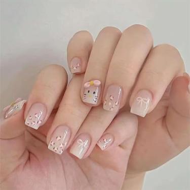 Imagem de Unhas postiças curtas quadradas fofas nude rosa com design de laço simples, capa completa, cola artificial em bastão falso para mulheres, casamento, 24 peças