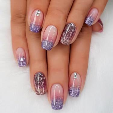 Imagem de Kit de unhas de pressão curto médio caixão ombré roxo cola falsa conjunto de unhas com design de glitter strass cobertura completa bastão falso artificial em unha de acrílico para mulheres 24 peças