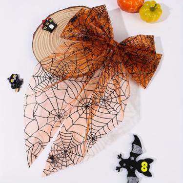 Imagem de Grampo de cabelo com laço de tecido vintage com teia de aranha e estampa de caveira – Acessório de cabelo elegante de Halloween para mulheres, prendedor único com tema de terror, ideal para festas de