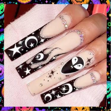 Imagem de Kit de unhas de pressão quadrado longo Halloween francês preto falso cola em unhas com design simples estrela lua fantasma strass cobertura completa bastão falso artificial em unha de acrílico para