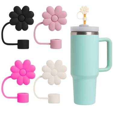 Imagem de 4 peças de capas de palha de flores para copos Stanley - pontas de canudo de silicone de 1 cm, tampas de bebida reutilizáveis à prova de poeira compatíveis com copos de 30 e 1,134 g
