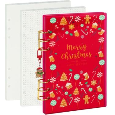 Imagem de Multibey A5 fichário de acrílico vermelho de Natal com 6 anéis, fichário pessoal A5 com 90 folhas de grade de pontos e papel em branco, conjunto de presente de Natal com anéis dourados e chaveiro