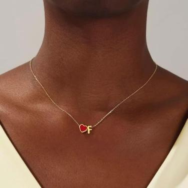 Imagem de Colar feminino com inicial de coração, pingente de letra A a Z, pingente de coração vermelho, joia banhada a ouro, colar de presente personalizado, 18+2in, Aço inoxidável, Sem Pedra Preciosa