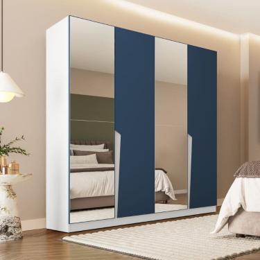 Imagem de Guarda Roupa Roupeiro 4 Portas 4 Gavetas com Espelho Porto Branco Azul Politorno Móveis