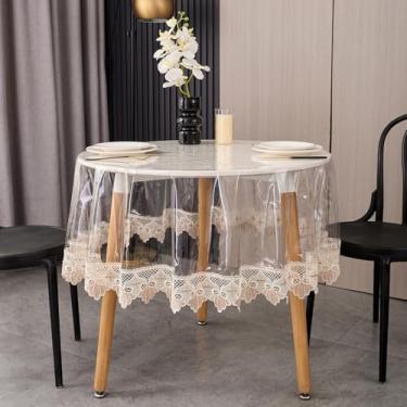 Imagem de LIBERECOO Toalha de mesa de vinil redondo transparente com acabamento de renda Loral costurada, capa de mesa de plástico à prova d'água à prova de óleo com borda bordada para cozinha, sala de jantar