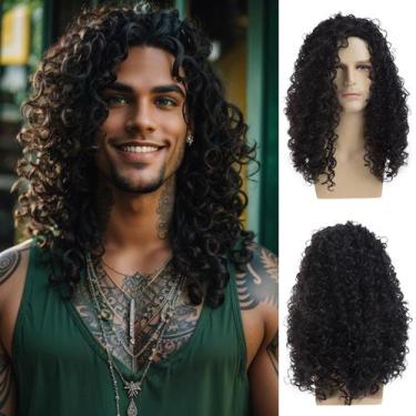 Imagem de Peruca Dsimeig Long Curly Black Sintética Fibra Sintética para Homens