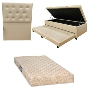 Imagem de Cama Box Baú Solteiro com Auxiliar (Bicama) + Colchão de Espuma Toulon D33 | Kit Completo com Cabeceira Botonê Opcional | Diversas Cores (3, CORINO BEGE, COM CABECEIRA)