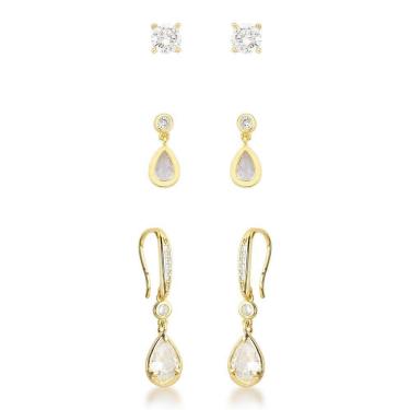Imagem de Kit De Brincos De Ouro Banhado 18k – Solitário E Pingente Em Gota Com Cristais