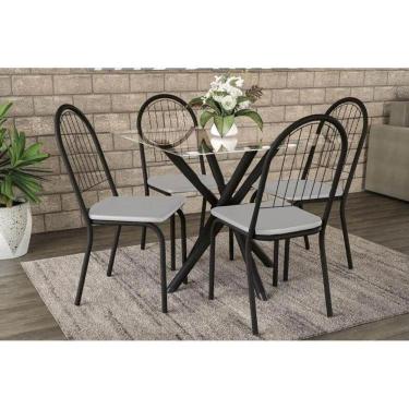 Imagem de Kit Mesa Volga C- Tampo de Vidro 95cm + 4 Cadeiras Noruega Preto Fosco Branco