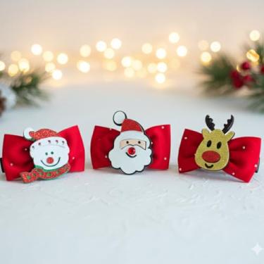 Imagem de 3 Laços Presilhas Natalinas Para Cabelo Enfeite De Natal Vermelho Papai Noel Rena E Boneco De Neve Vermelho, Glitter de Rena, Papai Noel e Boneco de Neve, 6 x 4,5 cm Decoração Festiva para Todos os Tipos de Cabelo Xuxinhas para Meninas