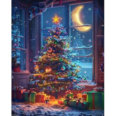 Imagem de XTXGERL Kits de pintura por números para adultos, Natal, pintura a óleo, árvore de Natal, tinta acrílica por número para adultos iniciantes com pincéis para decoração de parede de casa 41 x 50 cm