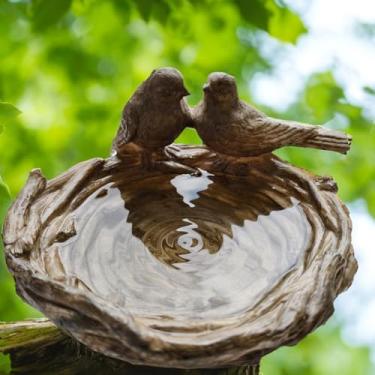 Imagem de Hebdids Alimentador de pássaros ao ar livre Tigela de banho para pássaros selvagens - Decoração de jardim, ninho de pássaro de resina com escultura de pássaro em pé, 19 × 13 cm