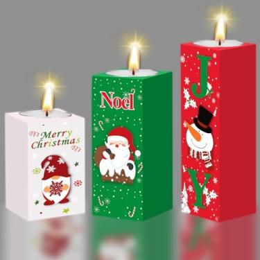 Imagem de HABDJILTY Decorações de centro de mesa de Natal, 3 peças de suporte de vela de Natal com velas de madeira vela de Natal vermelho verde Joy Candelabro para Natal, casa, escritório, bandeja em camadas